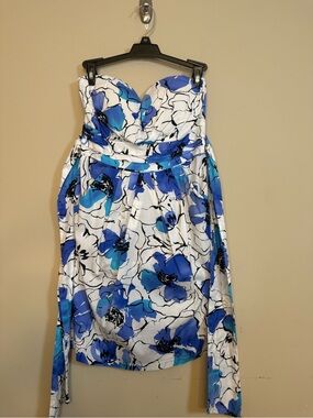 Chesley Strapless White Dress with Blue Floral Print